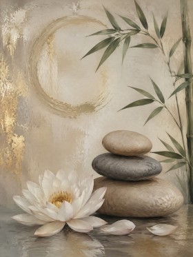 Lotus, Steinbalance und Goldkreis als Leinwand oder Poster