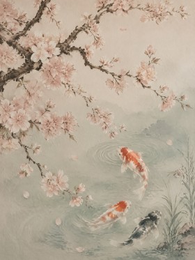 Japanische Koi unter Blüten, Wandbild oder Fine Art Print