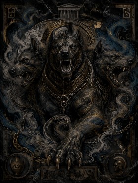 Dreiköpfiger Höllenhund als Fantasy Kunstwerk und Kunstdruck