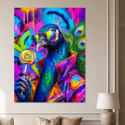 Bunter Pfau mit Sonnenbrille, Poster oder Leinwand für moderne Räume