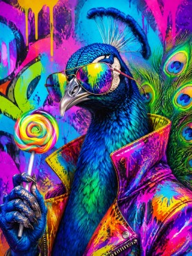 Bunter Pfau mit Sonnenbrille, Poster oder Leinwand für moderne Räume