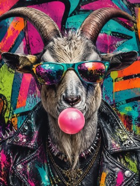 Bunte Ziege mit Sonnenbrille, Poster oder Leinwand im Pop-Art-Stil