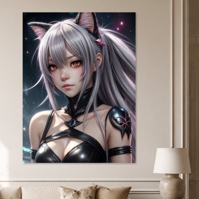 Fantasy Porträt als Leinwandbild oder Acrylbild mit silberner Catgirl-Figur