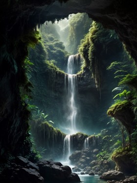 Mystischer Dschungelwasserfall als Leinwand oder Poster