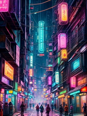 Neonstadt bei Nacht, Modernes Wandbild oder Acrylbild