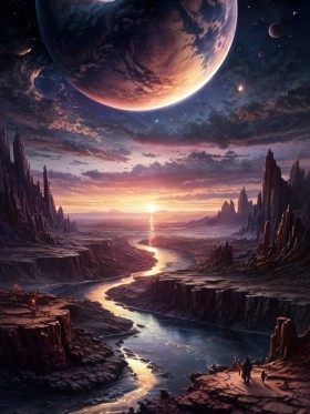 Mystische Fremdwelt bei Sonnenaufgang, Kunstwerk oder Poster