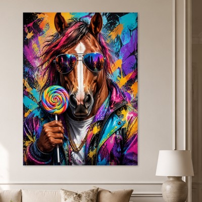 Bunter Pferdekopf mit Sonnenbrille, Pop Art Wandbild oder Poster