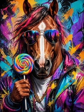 Bunter Pferdekopf mit Sonnenbrille, Pop Art Wandbild oder Poster