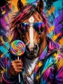 Bunter Pferdekopf mit Sonnenbrille, Pop Art Wandbild oder Poster