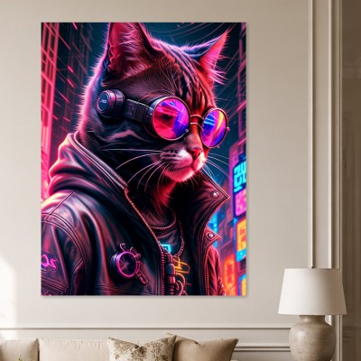 Neon-Katze im Cyberpunk-Stil, Wandbild oder Kunstdruck