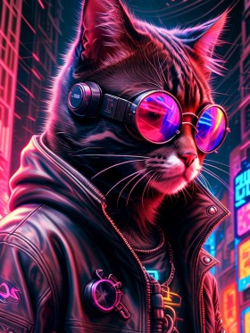 Neon-Katze im Cyberpunk-Stil, Wandbild oder Kunstdruck