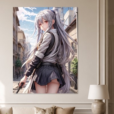 Anime-Porträt mit Stadtblick als Poster oder Leinwand