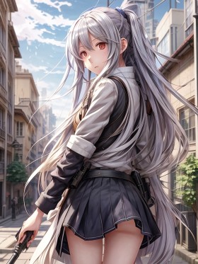 Anime-Porträt mit Stadtblick als Poster oder Leinwand