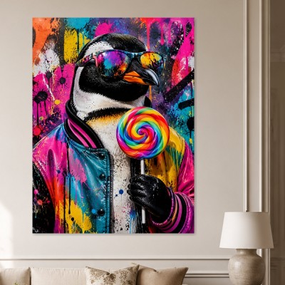 Bunter Pinguin mit Lollipop, Pop Art Wandbild oder Poster