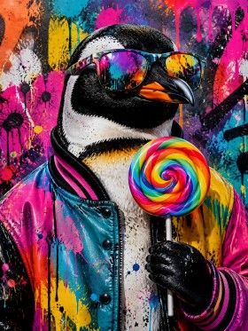 Bunter Pinguin mit Lollipop, Pop Art Wandbild oder Poster