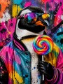 Bunter Pinguin mit Lollipop, Pop Art Wandbild oder Poster