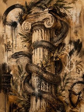 Antike Schlange am Säulenmotiv, Wandbild oder Kunstdruck