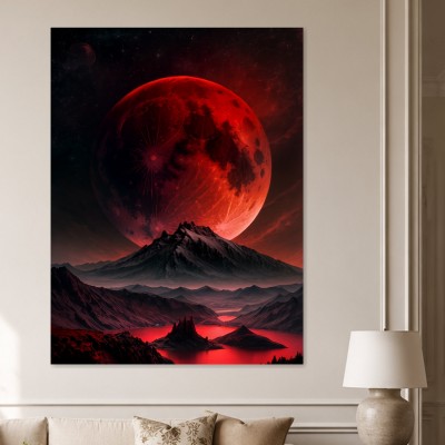 Roter Mond über dunkler Berglandschaft, Kunstwerk oder Fine Art Print
