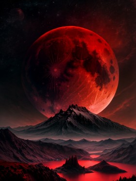 Roter Mond über dunkler Berglandschaft, Kunstwerk oder Fine Art Print