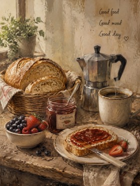 Stillleben mit Brot und Kaffee als Leinwand oder Poster