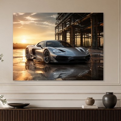 Silberner Supersportwagen als Gallery Print oder Leinwand