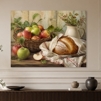 Stillleben mit Äpfeln und Brot als Kunstdruck oder Leinwandbild