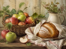 Stillleben mit Äpfeln und Brot als Kunstdruck oder Leinwandbild
