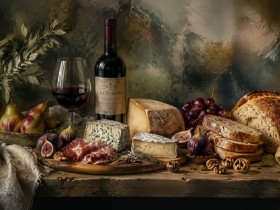 Stillleben mit Wein und Käse als Kunstdruck oder Fine Art Print