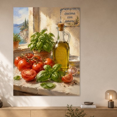 Mediterrane Küche mit Tomaten, Basilikum, Leinwand oder Poster
