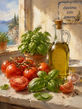Mediterrane Küche mit Tomaten, Basilikum, Leinwand oder Poster