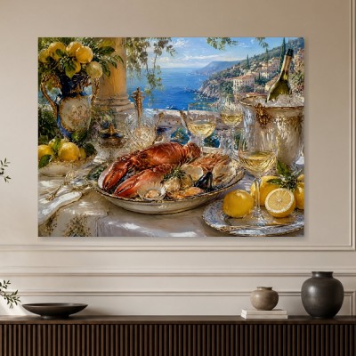 Mediterrane Tafel mit Meerblick als Fine Art Print oder Leinwand