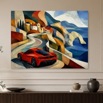Abstraktes Wandbild oder Gallery Print mit rotem Sportwagen an der Küste