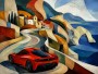 Abstraktes Wandbild oder Gallery Print mit rotem Sportwagen an der Küste
