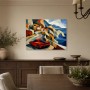 Abstraktes Wandbild oder Gallery Print mit rotem Sportwagen an der Küste