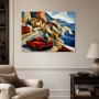 Abstraktes Wandbild oder Gallery Print mit rotem Sportwagen an der Küste