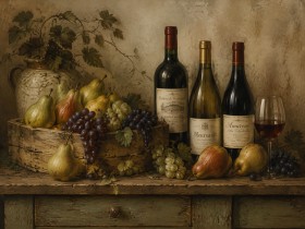 Stillleben mit Wein und Früchten, Kunstdruck oder Leinwand
