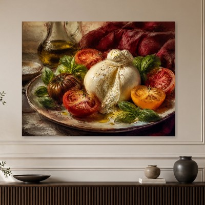 Stillleben mit Burrata, Tomaten und Basilikum als Kunstdruck oder Poster