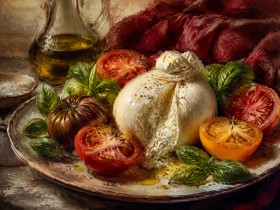 Stillleben mit Burrata, Tomaten und Basilikum als Kunstdruck oder Poster
