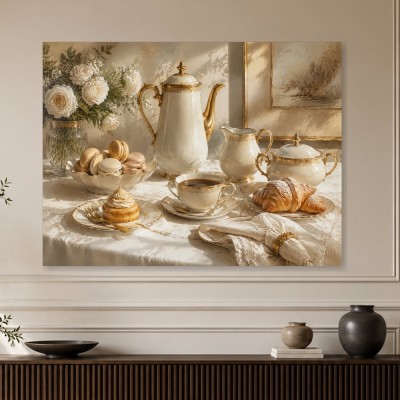 Elegantes Stillleben mit Tee und Gebäck, Leinwand oder Kunstdruck