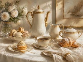 Elegantes Stillleben mit Tee und Gebäck, Leinwand oder Kunstdruck