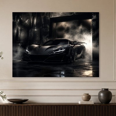 Schwarzer Supersportwagen im Rauch, Modernes Wandbild oder Fine Art Print