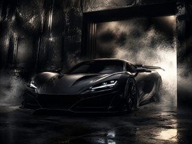 Schwarzer Supersportwagen im Rauch, Modernes Wandbild oder Fine Art Print Schwarzer Supersportwagen im Rauch, Modernes Wandbild oder Fine Art Print