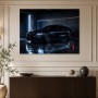Schwarzer Sportwagen als Leinwand oder Acrylbild mit urbaner Lichtstimmung