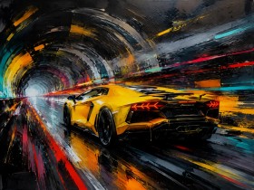 Dynamischer Sportwagen im Tunnel, Modernes Wandbild oder Poster