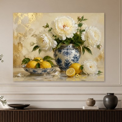 Weiße Pfingstrosen mit Zitrone, Leinwand und Kunstdruck