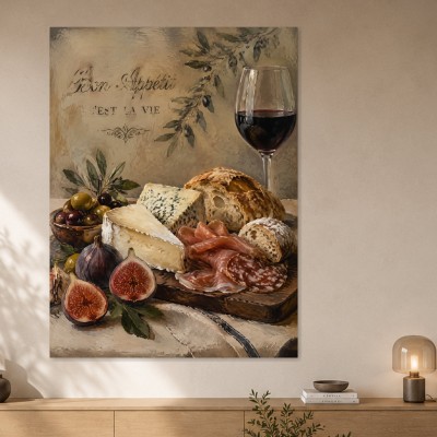 Stillleben mit Käse, Wein und Brot als Leinwand oder Kunstdruck