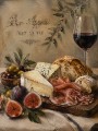 Stillleben mit Käse, Wein und Brot als Leinwand oder Kunstdruck