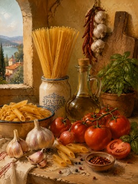 Mediterranes Stillleben als Kunstdruck oder Poster für die Küche