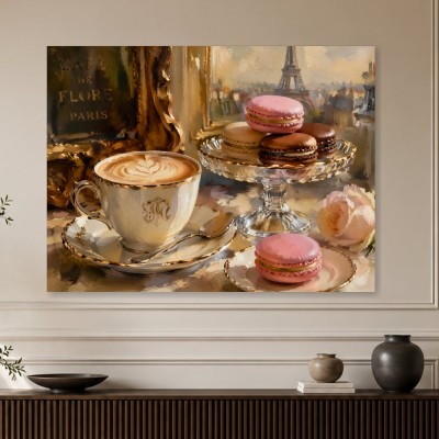 Pariser Genussmomente, Leinwand oder Kunstdruck mit Macarons und Café-Atmosphäre