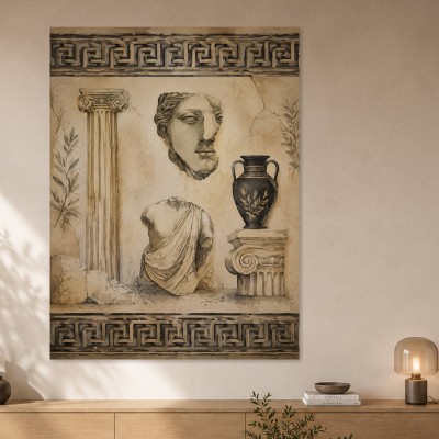 Antikes Wandbild mit Büste, Säule und Vase, Poster oder Leinwand